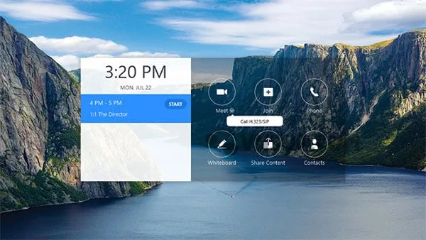 home screen meet drop down menu call h232 sip 2 Hướng dẫn bắt đầu và tham gia cuộc họp bằng cách sử dụng Zoom Rooms for Touch