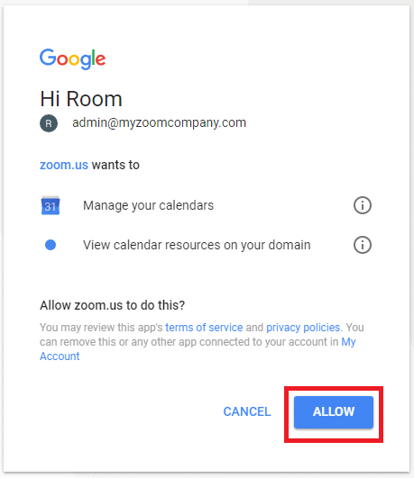 allow manage calendar Thiết lập phòng zoom với lịch Google