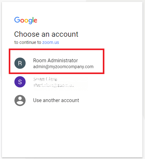 choose account Thiết lập phòng zoom với lịch Google