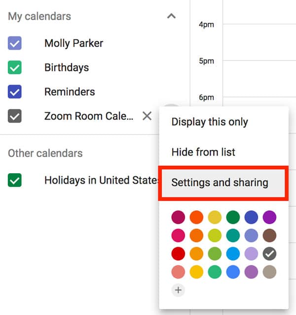 settings and sharing12 Thiết lập phòng zoom với lịch Google