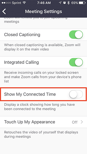 meeting settings show my connected time option 1 Hiển thị thời lượng cuộc họp của tôi (Thời gian kết nối)
