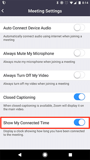 meeting settings show my connected time option Hiển thị thời lượng cuộc họp của tôi (Thời gian kết nối)
