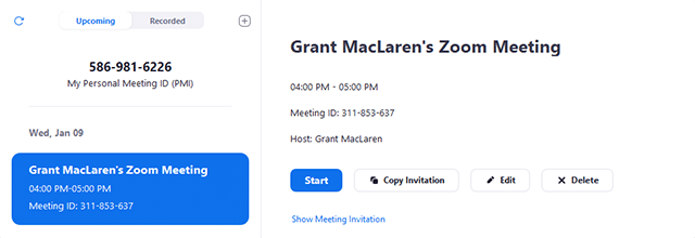 upcoming meeting options 1 Tôi có thể tìm thấy văn bản mời họp của Zoom Meeting ở đâu?