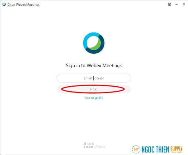 Để tạo một phòng học hoặc phòng họp, sau khi mở phần mềm Webex lên, ta nhập Email đã đăng ký vào ô Email Address sau đó nhấn Next.