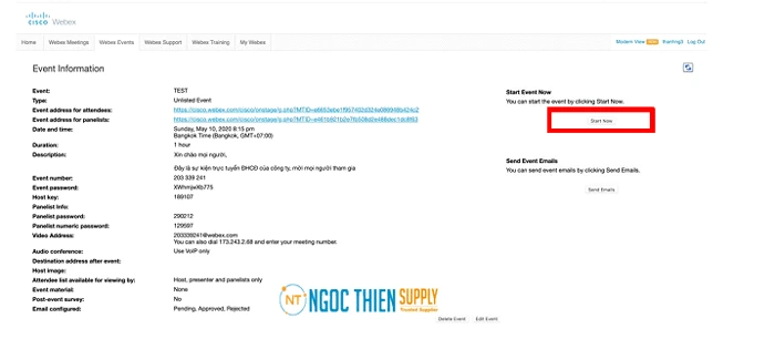 xác nhận thông tin và Start Event