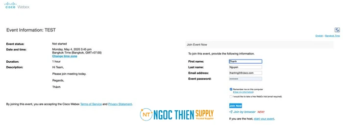 Dưới mục Under Join Event Now, nhập vào tên mình và email address và event password ( nếu có) sau đó chọn Join Now