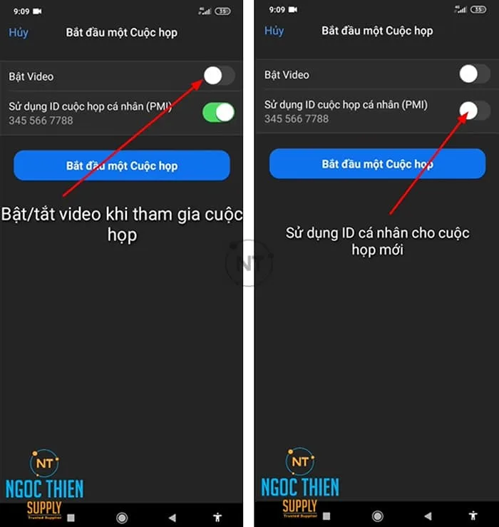 Chọn bật/tắt video khi tham gia cuộc họp, sử dụng ID cá nhân cho cuộc họp mới. Nếu bạn không muốn mọi người trong cuộc họp nhìn thấy mình, có thể chọn tắt video
