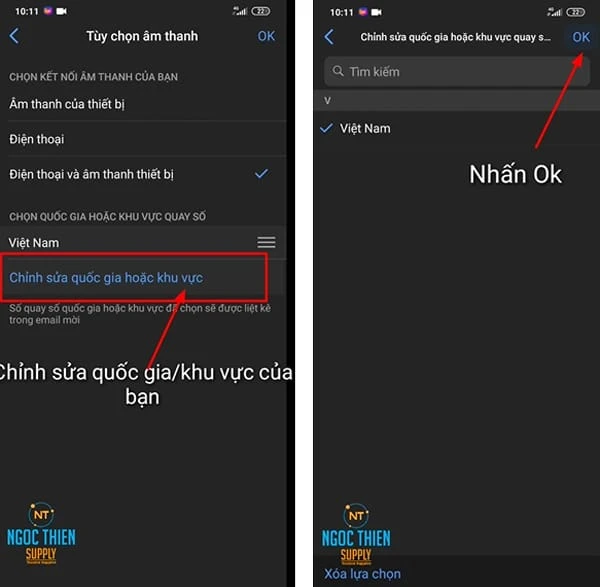 Trong mục tùy chọn âm thanh, bạn có thể chọn quốc gia/khu vực của mình