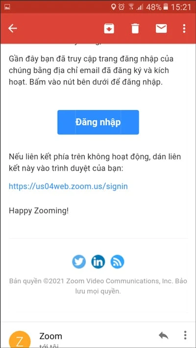 Hệ thống sẽ gửi một email để xác minh tài khoản của bạn. Mở hộp thư đến trong email để kích hoạt tài khoản Zoom