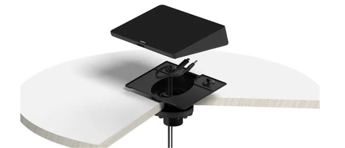 Logitech Tap Riser Mount có thể được lắp đặt trên hầu hết mọi loại bàn họp với độ dày khoảng 20-50 mm