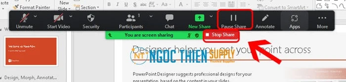 Kết thúc chia sẻ slide trình chiếu PowerPoint bằng cách nhấn vào Stop Share