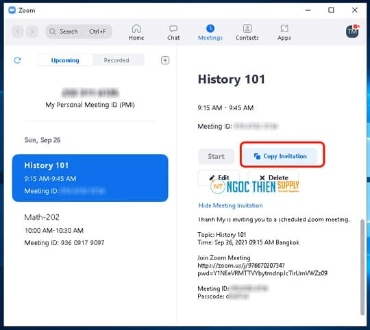 Chọn Coppy Invitation để sao chép link cuộc họp zoom