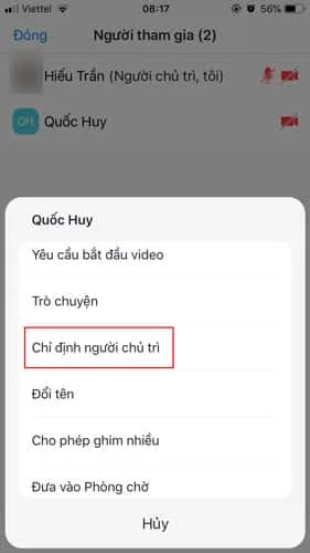 Click chọn người muốn chuyển Host lớp học trên Zoom > Chọn Make Host trong cửa sổ hiện ra