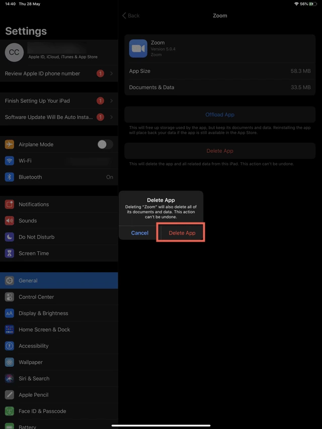 Khi được nhắc "Deleting "Zoom" will also delete all of its documents and data. ["Xóa "Zoom" cũng có nghĩa xóa tất cả các tài liệu và dữ liệu của ứng dụng.] This action can't be undone" ["Hành động này không thể hoàn tác được"], chọn Delete App [Xóa app].
