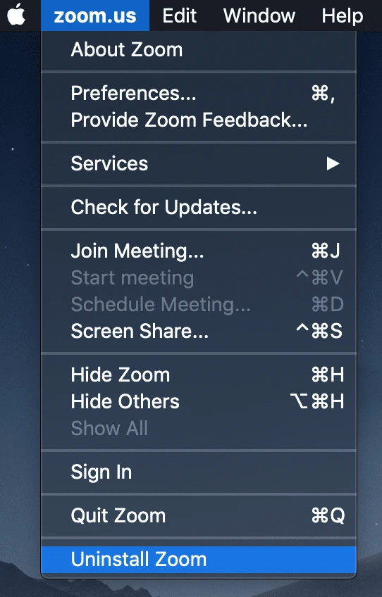 Chọn zoom.us ở phía trên của màn hình của bạn và chọn Uninstall Zoom [Gỡ cài đặt Zoom]