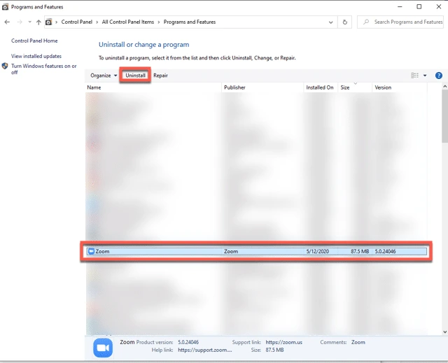 Trong danh sách chương trình, nhấn vào Zoom, và nhấn Uninstall [Gỡ cài đặt]