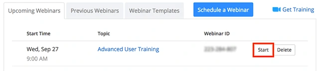 Đăng nhập vào Zoom Web Portal và nhấn vào Webinars [Hội thảo trực tuyến]. Tìm hội thảo trực tuyến và nhấn vào Start [Bắt đầu].