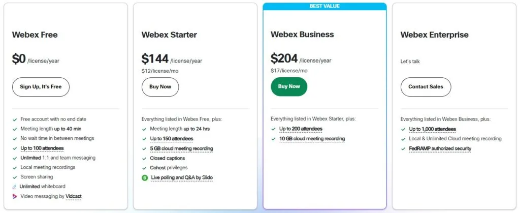 Bảng giá webex meetings trên Website