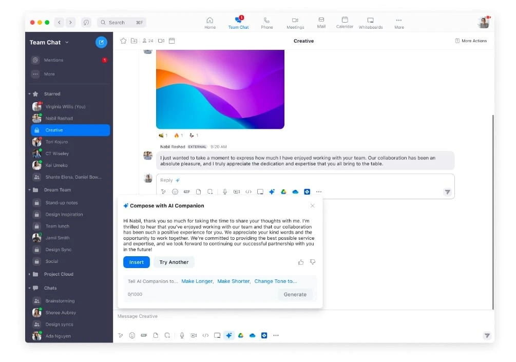 Nhận trợ giúp cho việc soạn tin nhắn trong Zoom Team Chat từ AI Companion.