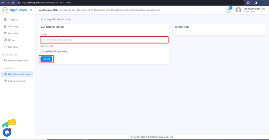 Nhập số tiền và bấm nạp