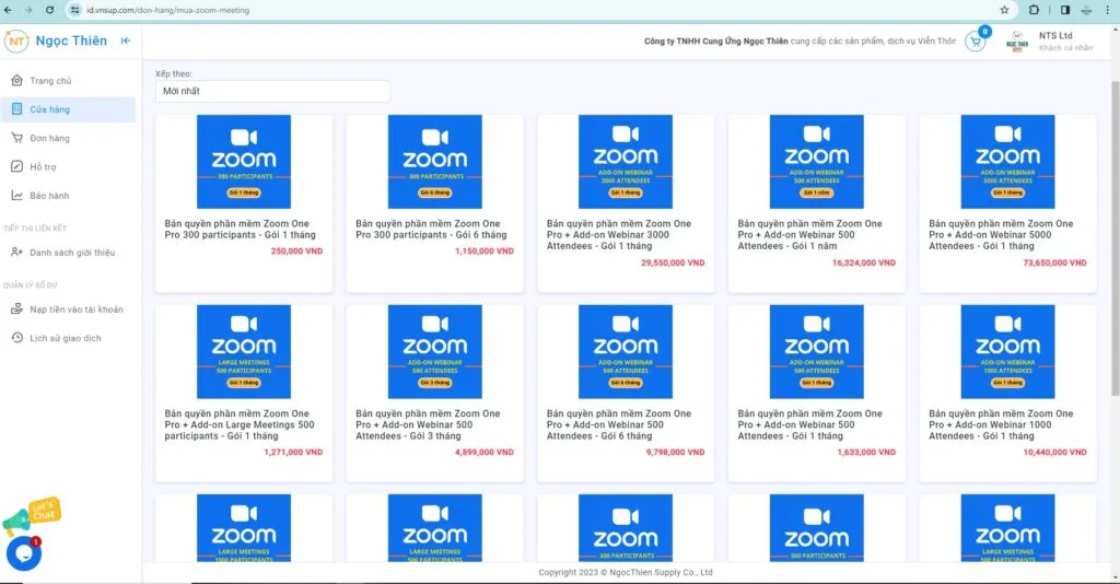 Sản phẩm chính từ website từ Zoom