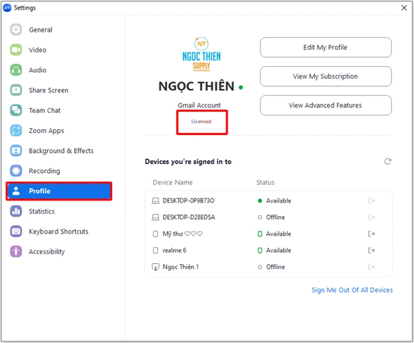 Nhấn vào biểu tượng Profile