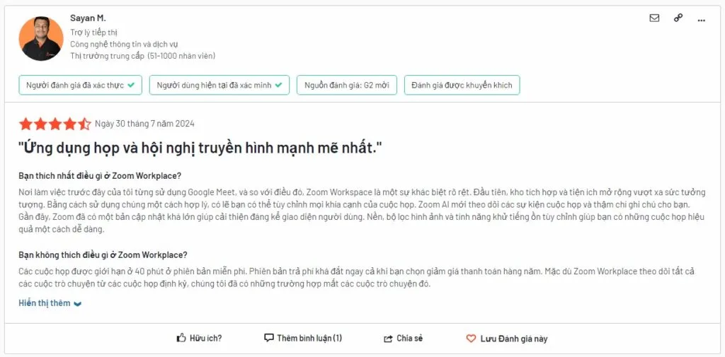 đánh giá từ người dùng từ g2.com