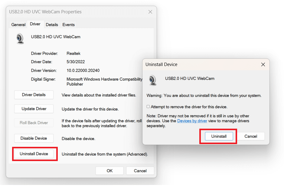 nhấn vào uninstall để gỡ cài đặt điều khiển camera