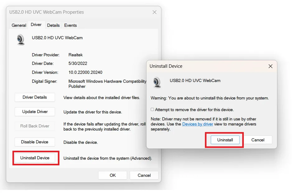 nhấn vào uninstall để gỡ cài đặt điều khiển camera