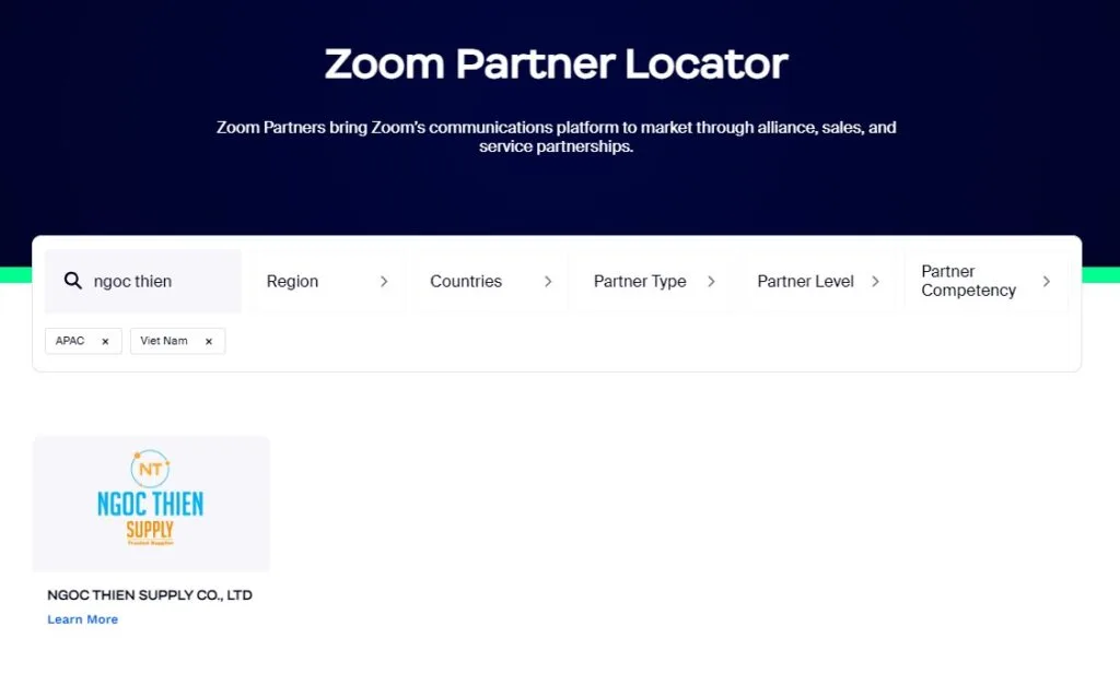 hình ảnh Ngọc Thiên xuất hiện trong trang web Zoom Partner Locator khi tìm kiếm