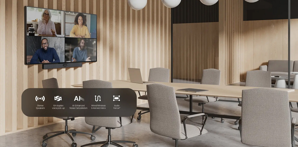 meetingbar a40 cung cấp phạm vi phủ sóng âm thanh vượt trội cho các phòng có kích thước từ nhỏ đến trung bình