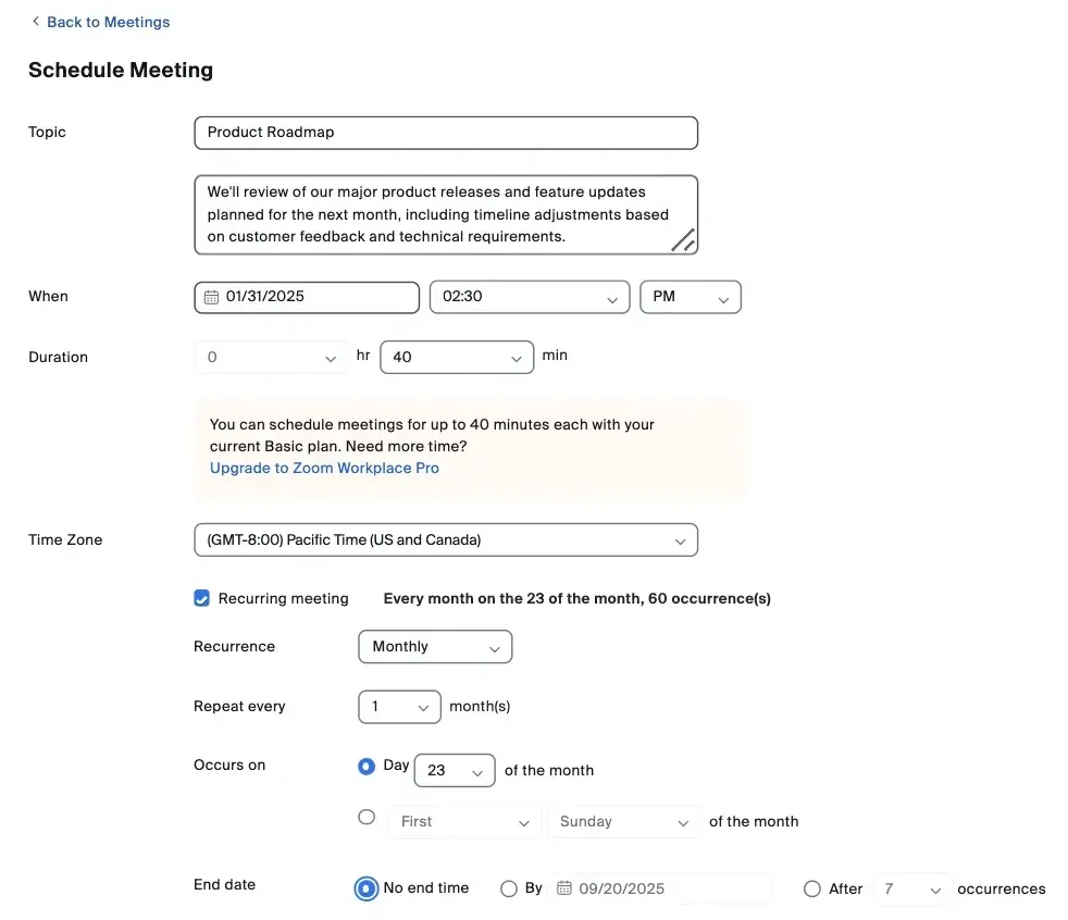 điền các thông tin chi tiết vào cuộc họp