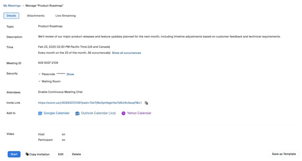 màn hình hiện ra đầy đủ các thông tin chi tiết cuộc họp