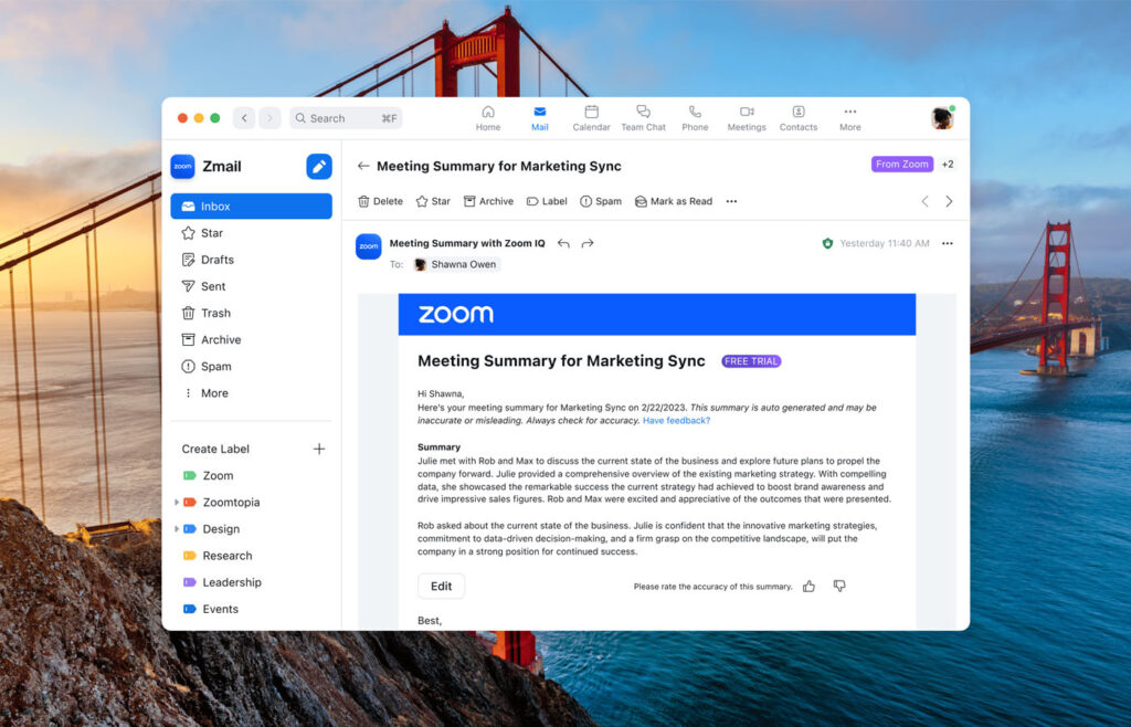 tính năng Zoom cho lãnh đạo tóm tắt email và chủ đề