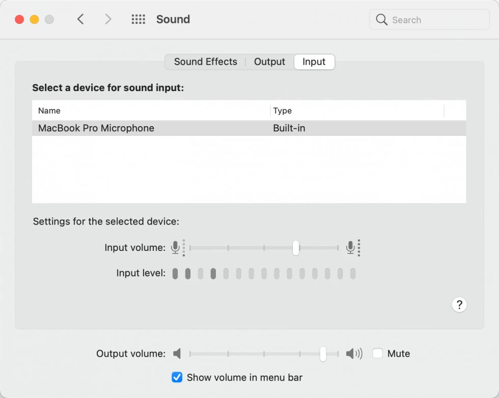 kiểm tra cài đặt micro trong macos