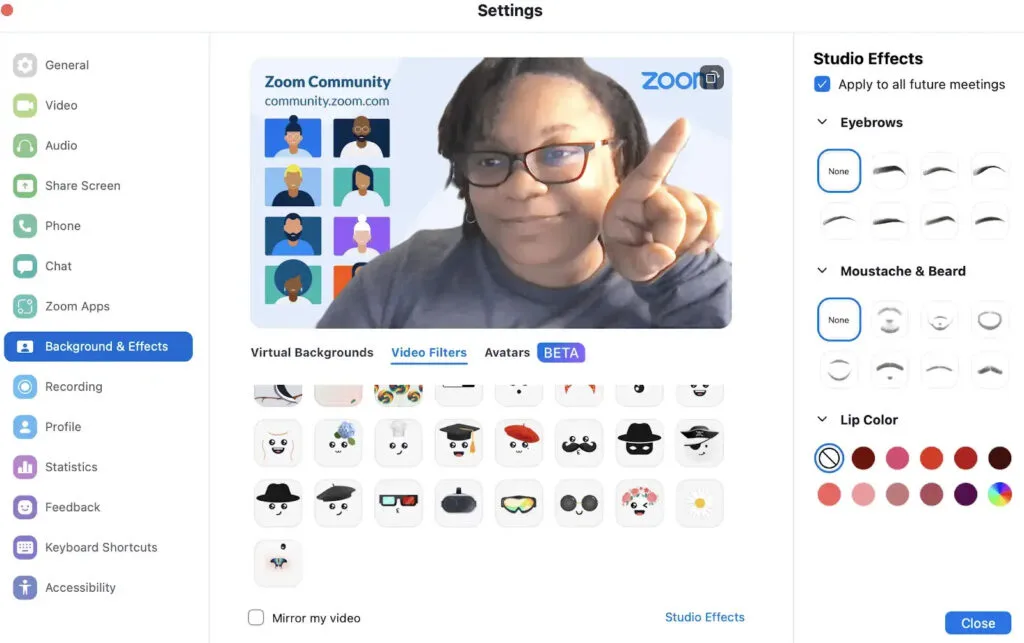 Bộ lọc giao diện trong Zoom