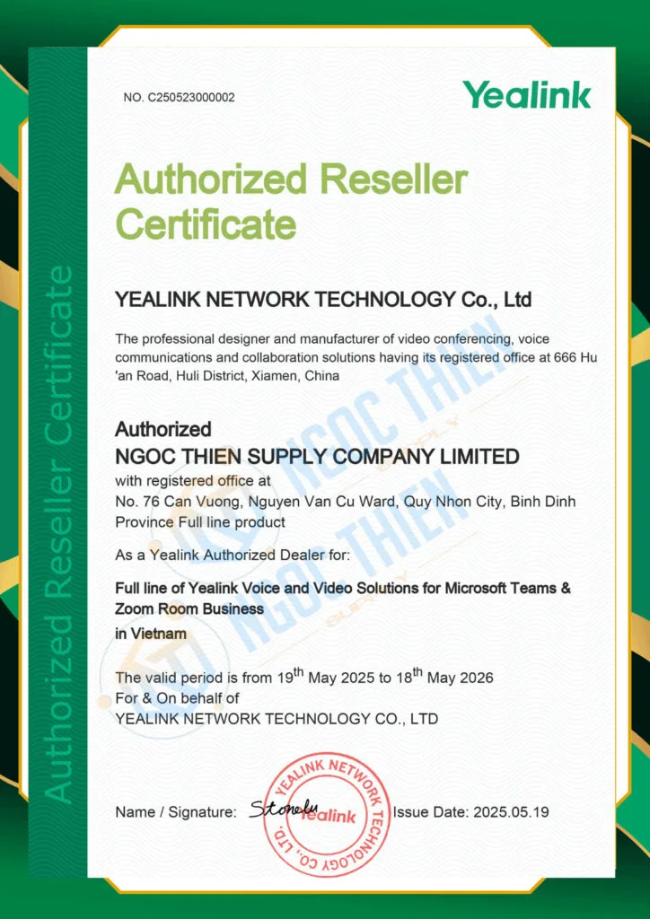 giấy chứng nhận Ngọc Thiên trở thành đối tác ủy quyền Yealink chính thức tại Việt Nam vào ngày 19-5-2025