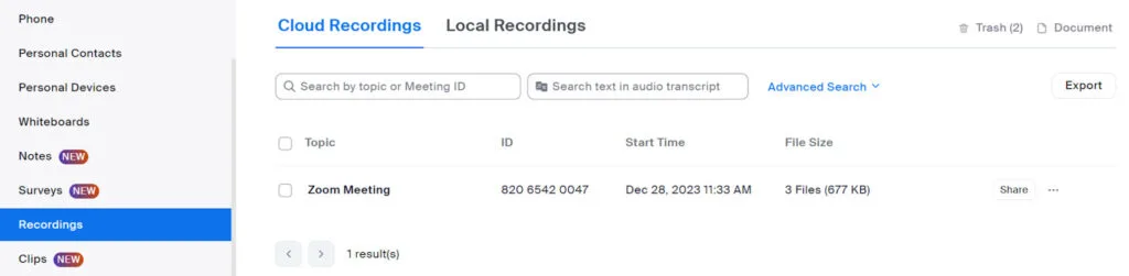 tìm tệp phiên âm trên zoom