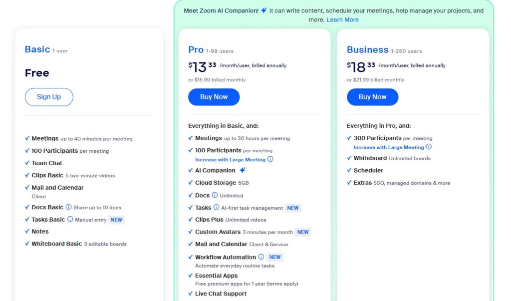 giá các gói zoom workplace hiện nay trên trang chủ