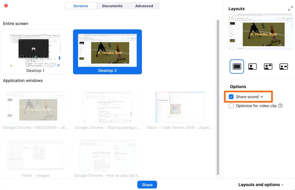 Từ tab Màn hình, nhấp vào cửa sổ bạn muốn chia sẻ