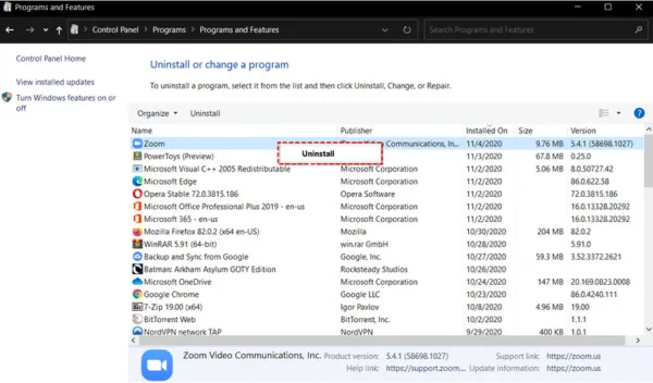 Chọn Zoom và chọn “Gỡ cài đặt”