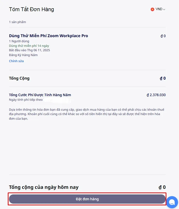 nhấn vào đặt đơn hàng