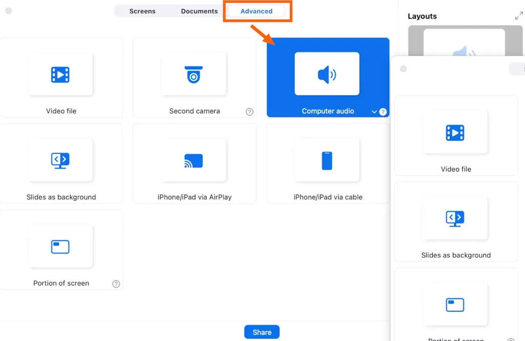 nhấp vào tab Nâng cao, rồi nhấp vào Âm thanh máy tính