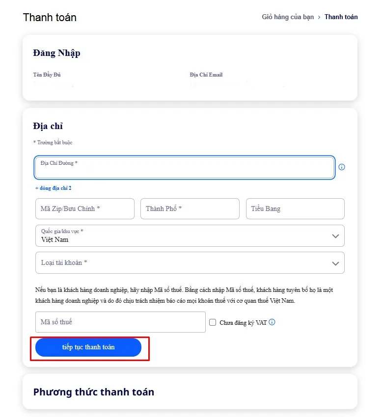 nhập đầy đủ thông tin và tiếp tục thanh toán