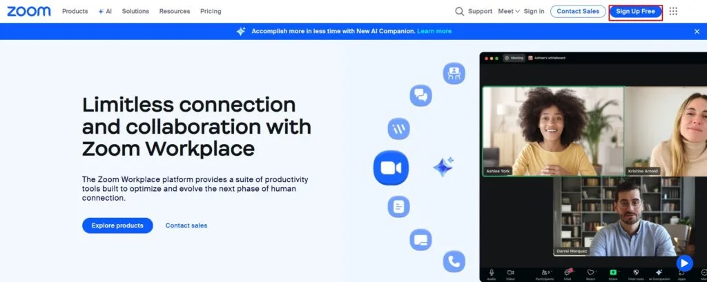 Truy cập trang web chính thức của Zoom và nhấn vào dùng thử zoom pro miễn phí