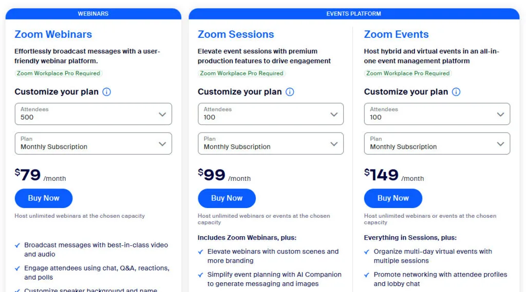 giá các gói zoom webinars
