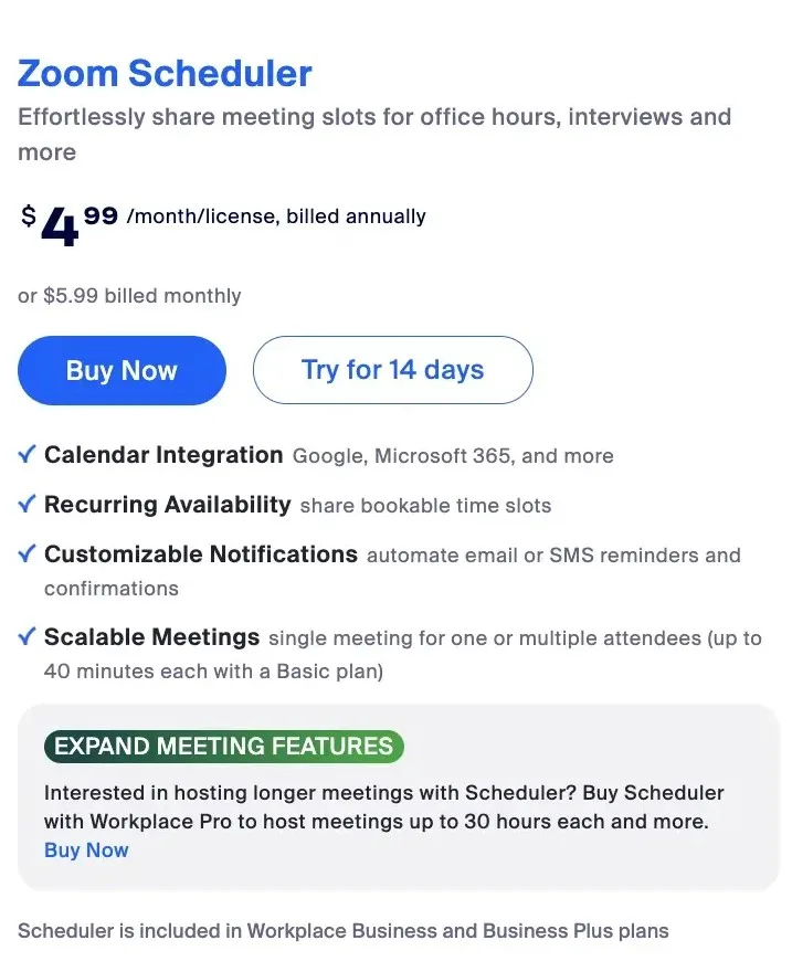 giải thích về giá Zoom Scheduler