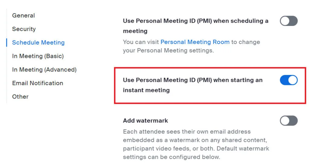 Sử dụng PMI khi bắt đầu cuộc họp cá nhân tức thời trên zoom