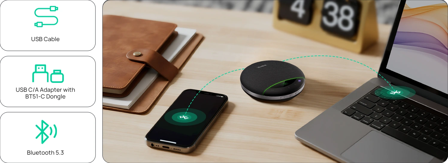 Yealink SP96 dễ dàng kết nối với máy tính hoặc điện thoại di động qua USB, BT51-C hoặc Bluetooth