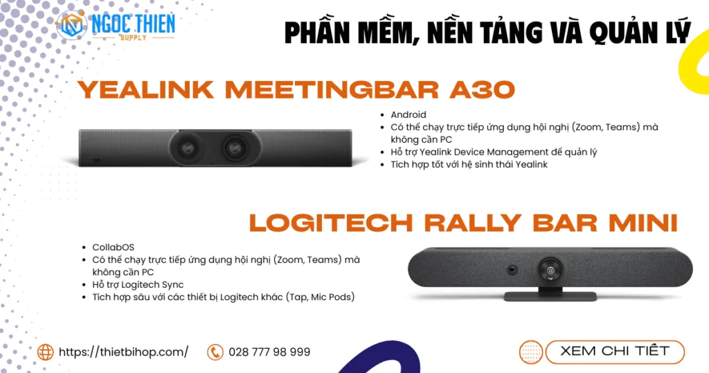 So sánh tích hợp phần mềm, nền tảng và quản lý giữa Yealink A30 và Logitech Rally Bar